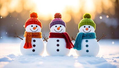 Three snowmen in colorful knit hats and scarves stand in snowy landscape at sunset