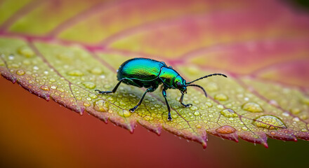 Emerald Jewel Beetle on Dew-Kissed Leaf - Macro Photography, Vibrant Colors, Close-up.