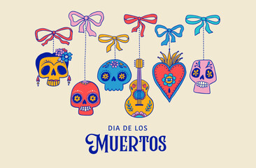 Dia de los muertos, Day of the dead, Mexican holiday, festival. Hand drawn vector poster, banner and card in modern doodle, art style, with skulls, birds, guitar and flowers