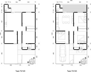 Two Architectural Floor Plans of a House Three Bed Room Blank and Futniture Layout with Garden and Carport. 23