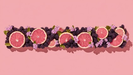Arrangement of grapefruit slices, blackberries, and small purple flowers on a pink background.
