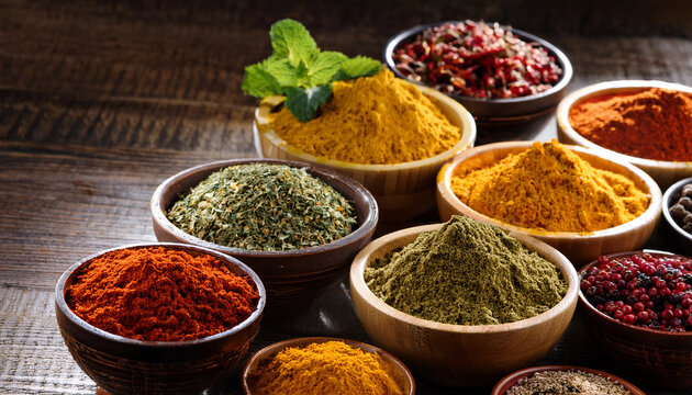 variety of colorful spices and herbs in bowls on rustic wooden table