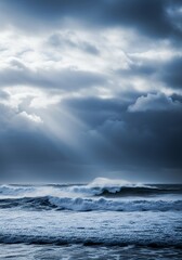 Fototapeta premium Stormy Ocean Scene: Dramatic Waves Under a Cloudy Sky.