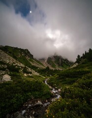 A tranquil mountain stream meanders through a lush valley shrouded in mist, illuminated by a serene moonlit sky.