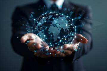 Interconnected World of Data, A businessman holds digital link, representing global network of information. Big data analytics and business intelligence revolutionize way we understand world economy
