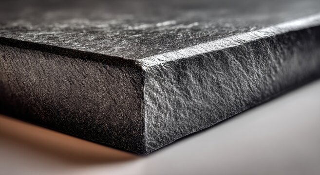 Close-up of a dark, textured, stone surface with a thick, beveled edge
