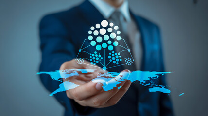 Man in suit holding digital network and world map hologram business technology