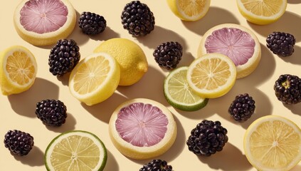 Vibrant citrus and berry slices arranged on a pale background.