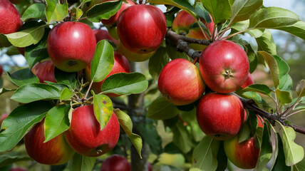 Obraz premium Red Apples Ripening on a Tree in Sunlight fruit branch