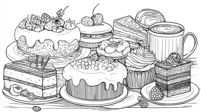 A black and white drawing of various pastries and desserts