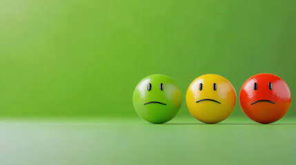 Happy and sad emoticons in green, yellow, and red colors on vibrant green background, expressing various emotions and feelings