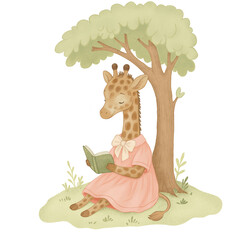 Watercolor illustration of giraffe in dress holding a book on transparent background