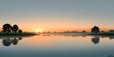 Fototapeta premium Serene River Landscape at Sunrise with Reflections of Trees and Soft Orange, Pink, and Blue Sky, Peaceful Nature Scene in Autumn Light