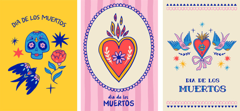 Dia de los muertos, Day of the dead, Mexican holiday, festival. Vertical cards, posters, banners in modern hand drawn style, with skulls, birds, hearts, guitar and flowers