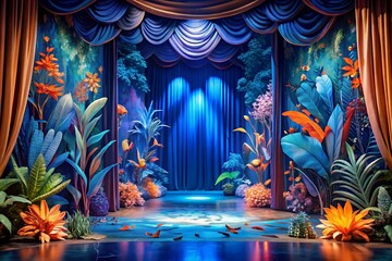 A vibrant and colorful stage with floral decorations, blue curtains, and spotlights, creating a magical and elegant atmosphere for a theatrical performance