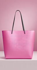 A pink tote bag with black handles.