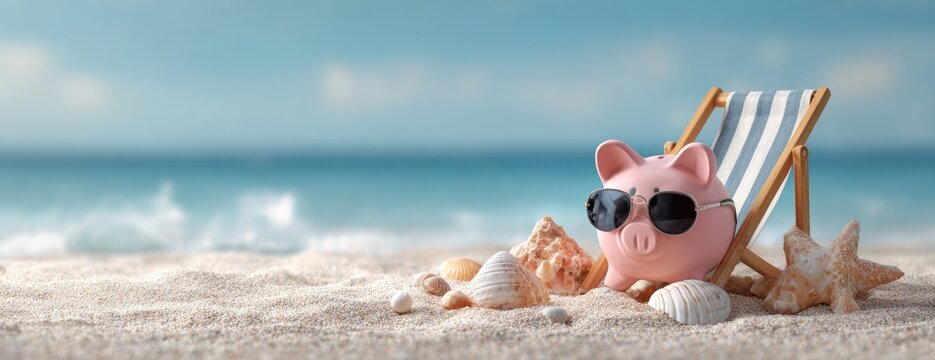 Piggy bank with sunglasses and beach chair enjoying a sunny day