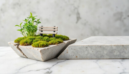 Miniature garden with moss and a bench in concrete planter  