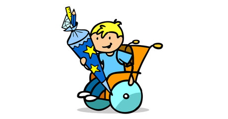 Cartoon Kind mit Schultüte im Rollstuhl feiert Einschulung
