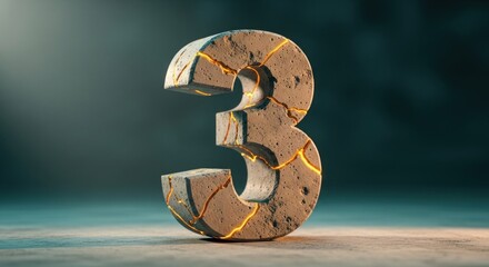 Cracked stone numeral three