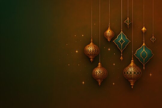 Ramadan Kareem Background with Hanging Lanterns and Islamic Ornaments in Green and Gold,Islamic ramadan,eid milad un nabi ,rabi ul  awwal,shabb e meraj background,generative ai