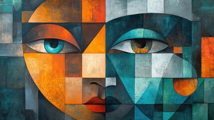 Fototapeta premium Abstract face art, geometric shapes, vibrant colors. Possible use stock photo for posters, prints, or wall art
