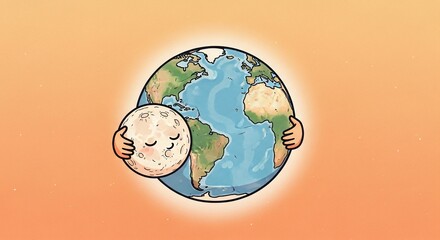 Earth and moon illustrated with affectionate hug against gradient background. Earth and moon in warm embrace symbolizes connection, unity, and comfort between celestial bodies.