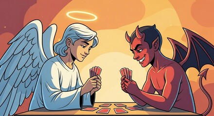 Angel and devil play poker face to face on table. Angel and devil embodies eternal struggle, one with halo and wings, other with horns and tail, both playing poker.