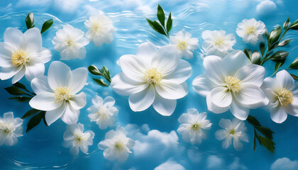 a serene arrangement of delicate white flowers floating in soothing light blue clouds creating an ethereal ambiance that inspires feelings of purity and tranquility within its viewers