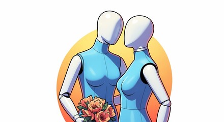 Two mannequins embracing with bouquet of flowers conveys affection and romance. Mannequins wearing dresses, in embrace, show feelings of warm affection. Symbolically,