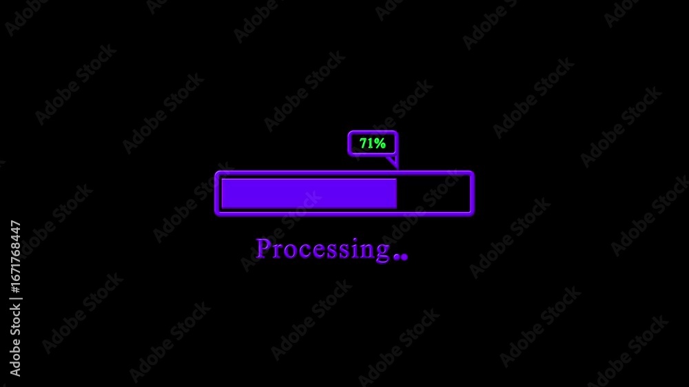 Poster processing bar and 0 to 100 percent loading with on black digital interface background.