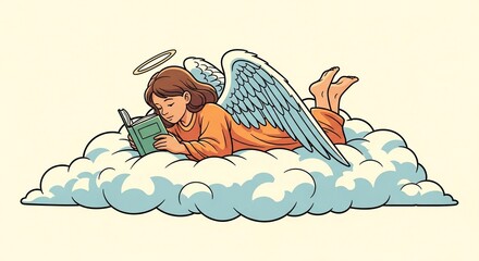 Angel illustration of a serene scene, an angel illustration with white wings on a fluffy cloud, immersed in reading a book. Angel illustration shows calm, peacefulness, and introspection,