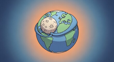 Planet Earth surrounded by arms hugging Moon. Planet Earth featuring continents and oceans, symbolizing care and interdependence with lunar satellite.