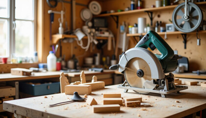 Woodworking tools and wooden pieces on workshop table with window  