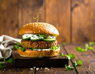 Delicious looking veggie burger on a rustic wooden table