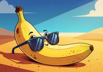 Banana with sunglasses in sun showcases summer fruit. Ripe banana with sunglasses, a delightful summer fruit, evokes tropical vibes on sandy coast under blue sky. Banana with sunglasses,