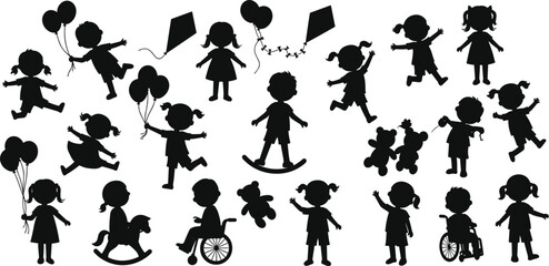 Silhouette children playing, holding balloons, flying kites, riding rocking horse, in wheelchair, with teddy bears, active kids, childhood fun, happiness, joy