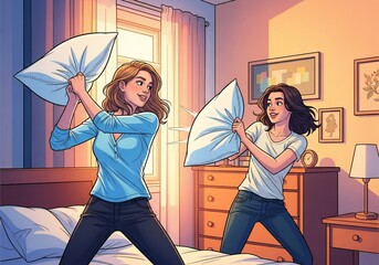 Pillow fight illustration shows two women having fun, energetic pillow fight with bright pillows in cozy bedroom. Exciting pillow fight scene portrays joyful moment of camaraderie and playfulness.
