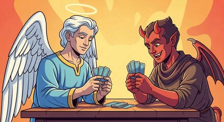 Angel and devil playing cards, depicts morality struggle in engaging game. Angel and devil together in this card game with wings, halo, and horns, a conceptual allegory.