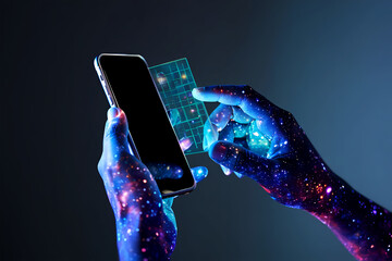 Futuristic hands interacting with glowing digital interface on smartphone technology