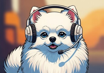 Pomeranian dog wearing headset illustrates modern pet lifestyle, capturing joyful animal concept. Pomeranian dog with headset highlights animal concept with playful, attentive expression,