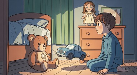 Boy talking with his toy, boy talking with his toy in cozy room with doll and car on cabinet. Boy talking with his toy at bedtime in pajama suit. Concept bedtime story.