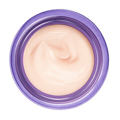 Moisturizing face cream in purple jar top view, peach tinted cosmetic skincare texture, luxury beauty product closeup, smooth creamy lotion swirl, nourishing skin hydration formula
