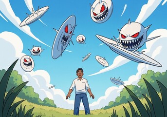 UFO sighting with anxious man under sky, watching alien UFOs. Unusual UFO sighting includes flying saucers with menacing red eyes and sharp teeth, terrifying man.