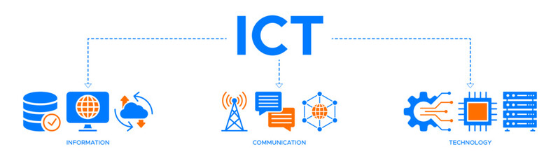 ICT banner web icon vector illustration concept for information and communications technology with icons of antenna, radio, network, website, database, cloud, server, data, electronic, and processor