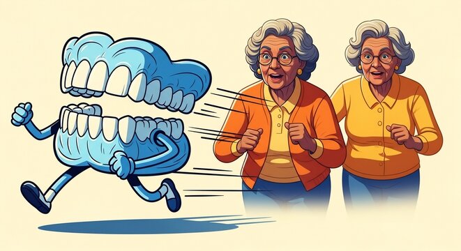Running dentures pursue two smiling elderly women in vibrant cartoon illustration. Running dentures bring a humorous twist to dental care and geriatric health,