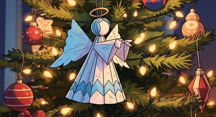 Christmas tree ornament features an angel figure with halo amidst glowing lights, showcasing Christmas tree decorations. Christmas tree ornament offers traditional festive adornment on pine,