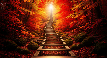 Ascending Stairway to Bright Light - Forest Path of Hope and Transformation.