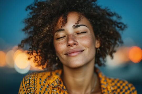 African American Woman Smiling Eyes Closed Curly Hair Freckles Peace Serenity Natural Beauty Lifestyle Portrait