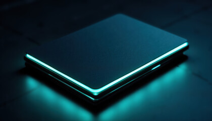 Modern laptop with glowing edges on dark background  